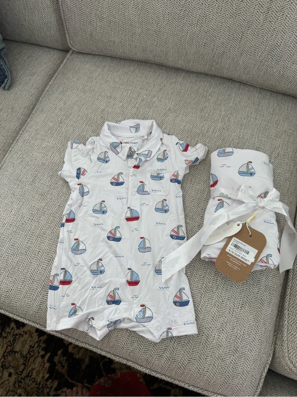 Angel Dear Polo Shortie Bubbly Sailboats Blue Matching Swaddle Blanket Gift Set